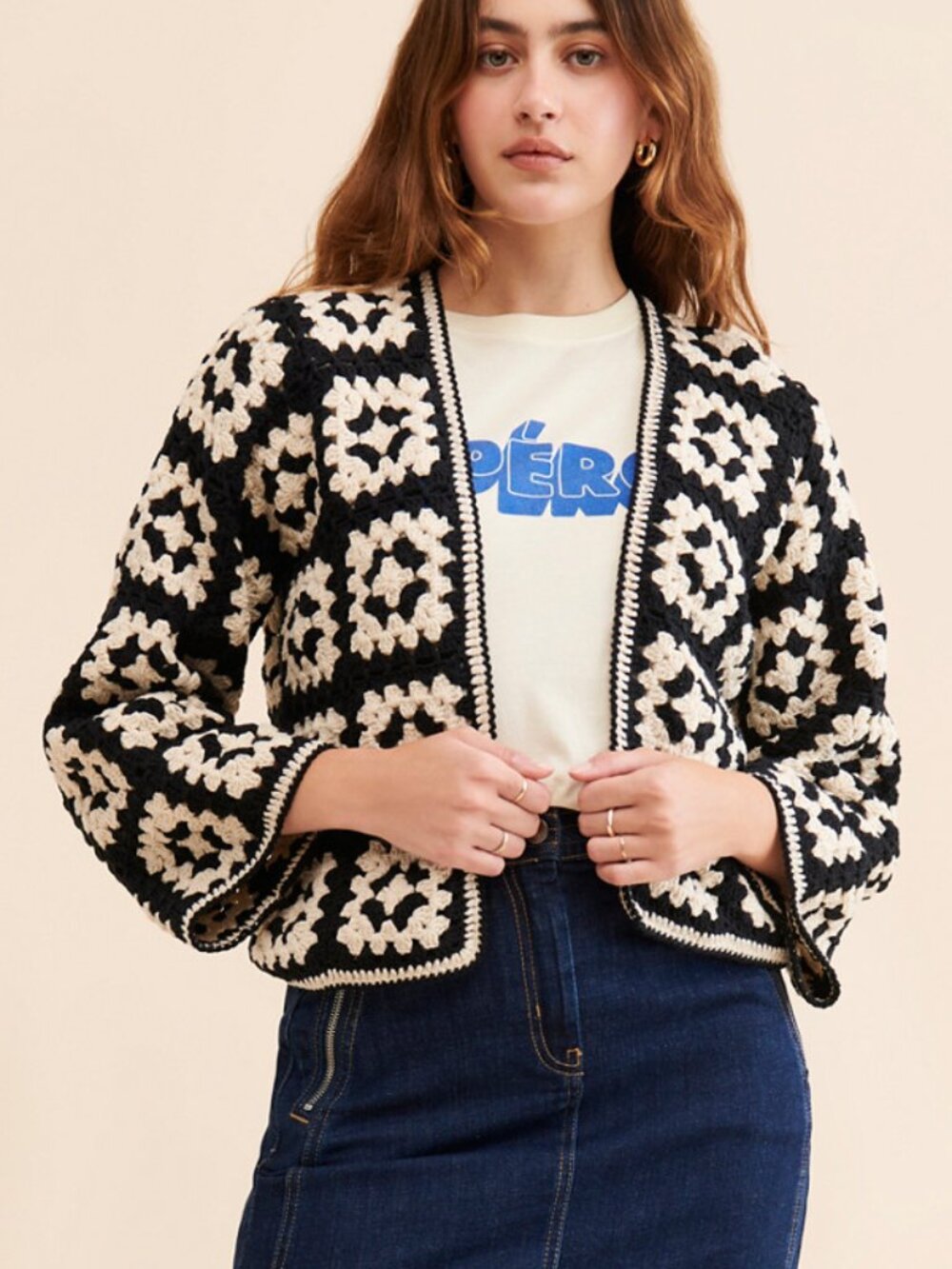 Society Mano women's medium crochet black and cream cardigan